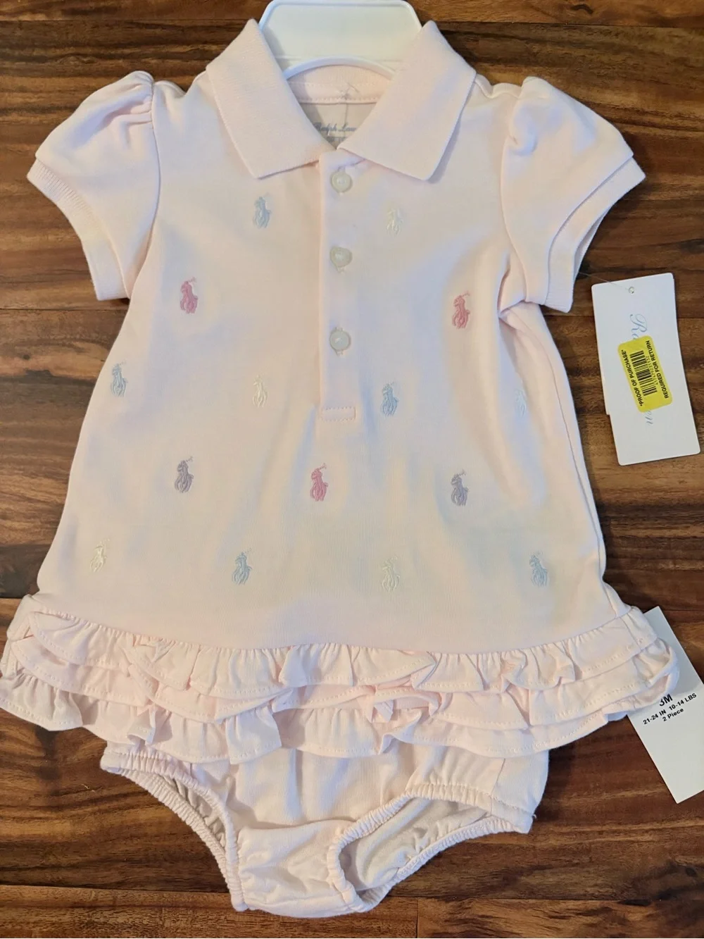 NWT Ralph Lauren Polo Baby Girl Pale Pink Cotton Logo Dress Set 2 Piece 3 Months